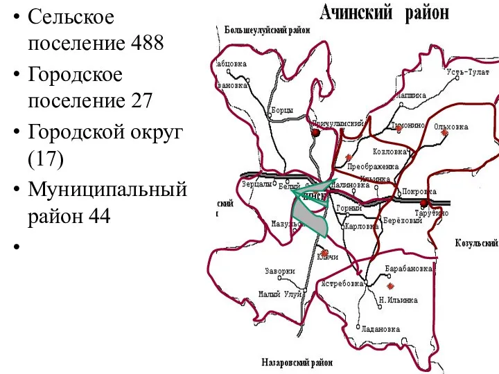 Виды муниципальных образований (581) Сельское поселение 488 Городское поселение 27 Городской округ (17)