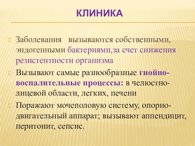 КЛИНИКА Заболевания вызываются собственными, эндогенными бактериями,за счет снижения резистентности организма