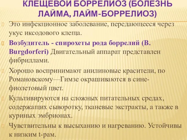 КЛЕЩЕВОЙ БОРРЕЛИОЗ (БОЛЕЗНЬ ЛАЙМА, ЛАЙМ-БОРРЕЛИОЗ) Это инфекционное заболевание, передающееся через