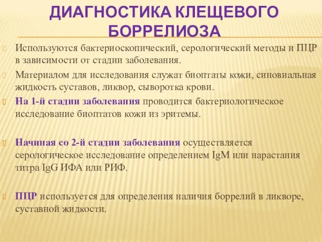 ДИАГНОСТИКА КЛЕЩЕВОГО БОРРЕЛИОЗА Используются бактериоскопический, серологический методы и ПЦР в