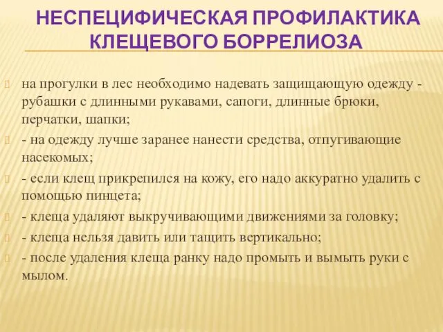 НЕСПЕЦИФИЧЕСКАЯ ПРОФИЛАКТИКА КЛЕЩЕВОГО БОРРЕЛИОЗА на прогулки в лес необходимо надевать