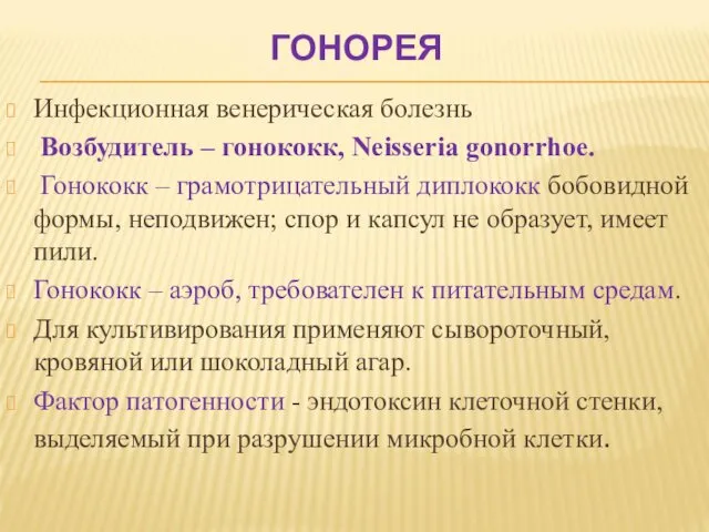 ГОНОРЕЯ Инфекционная венерическая болезнь Возбудитель – гонококк, Neisseria gonorrhoe. Гонококк