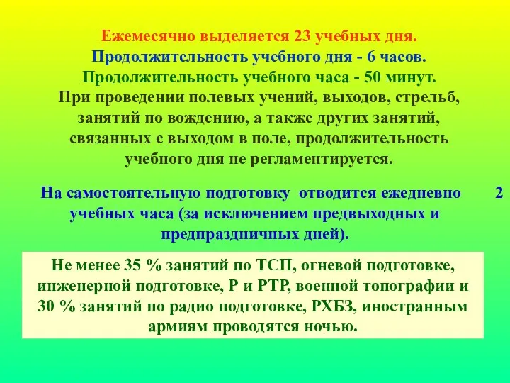 Ежемесячно выделяется 23 учебных дня. Продолжительность учебного дня - 6