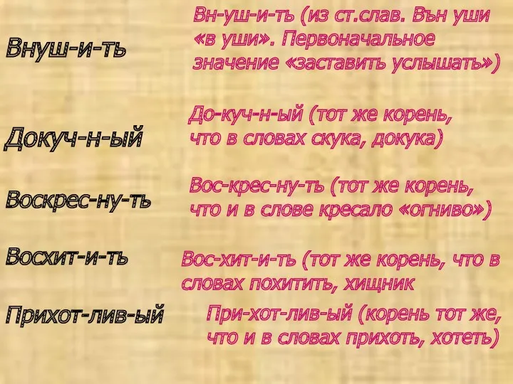 Внуш-и-ть Вн-уш-и-ть (из ст.слав. Вън уши «в уши». Первоначальное значение