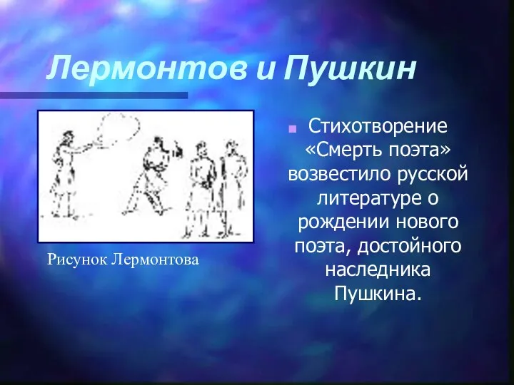 Лермонтов и Пушкин Стихотворение «Смерть поэта» возвестило русской литературе о