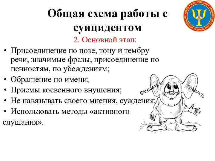 Общая схема работы с суицидентом 2. Основной этап: Присоединение по позе, тону и