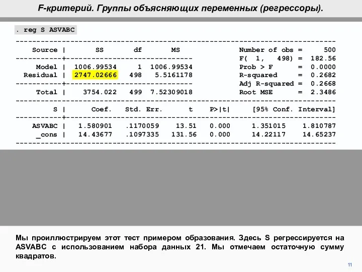 . reg S ASVABC ---------------------------------------------------------------------------- Source | SS df MS