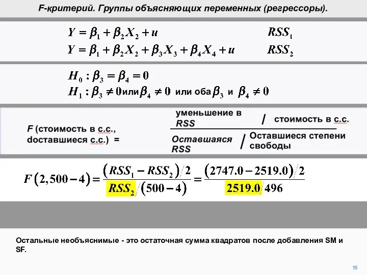 F (cost in d.f., d.f. remaining) = reduction in RSS