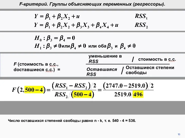 F (cost in d.f., d.f. remaining) = reduction in RSS