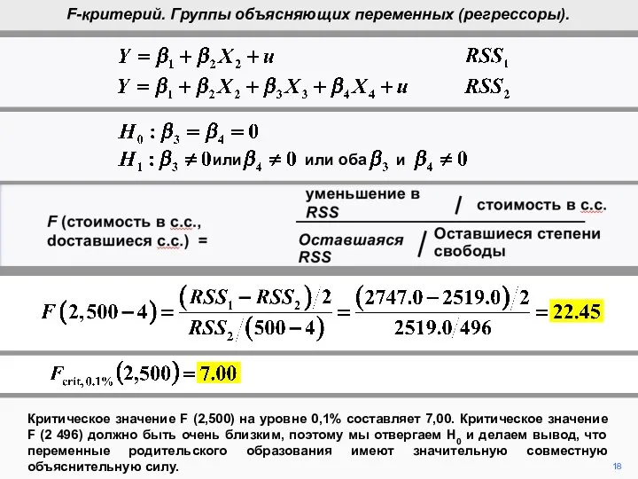 18 Критическое значение F (2,500) на уровне 0,1% составляет 7,00.