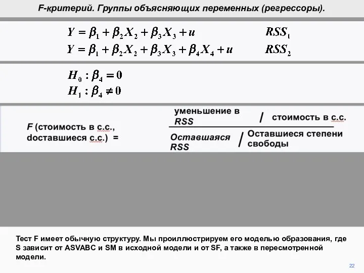 22 Тест F имеет обычную структуру. Мы проиллюстрируем его моделью