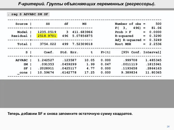 24 Теперь добавим SF и снова запомните остаточную сумму квадратов.