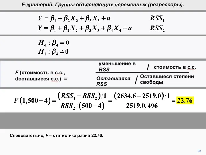 29 Следовательно, F – статистика равна 22.76. F-критерий. Группы объясняющих