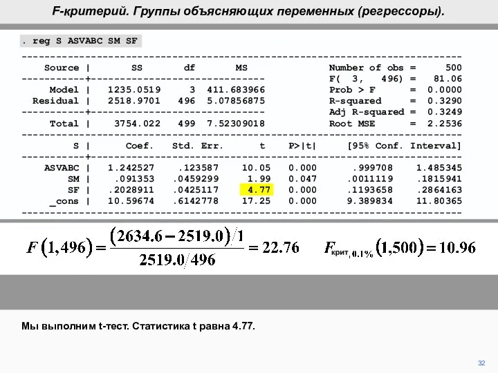 32 Мы выполним t-тест. Статистика t равна 4.77. F-критерий. Группы