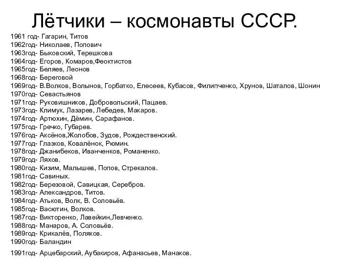 Лётчики – космонавты СССР. 1961 год- Гагарин, Титов 1962год- Николаев,