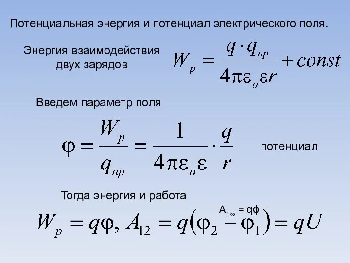 Энергия взаимодействия двух зарядов A1∞ = qϕ Потенциальная энергия и