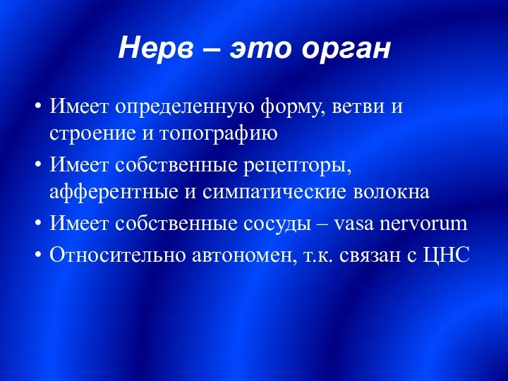 Нерв – это орган Имеет определенную форму, ветви и строение