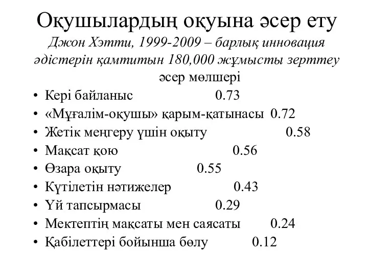 Оқушылардың оқуына әсер ету Джон Хэтти, 1999-2009 – барлық инновация әдістерін қамтитын 180,000