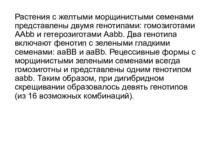 Растения с желтыми морщинистыми семенами представлены двумя генотипами: гомозиготами АAbb