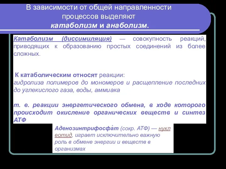 В зависимости от общей направленности процессов выделяют катаболизм и анаболизм.