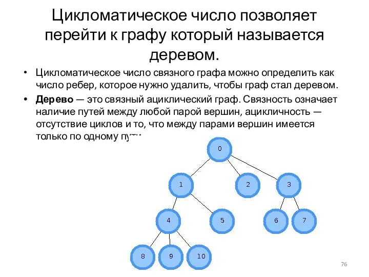 Цикломатическое число позволяет перейти к графу который называется деревом. Цикломатическое
