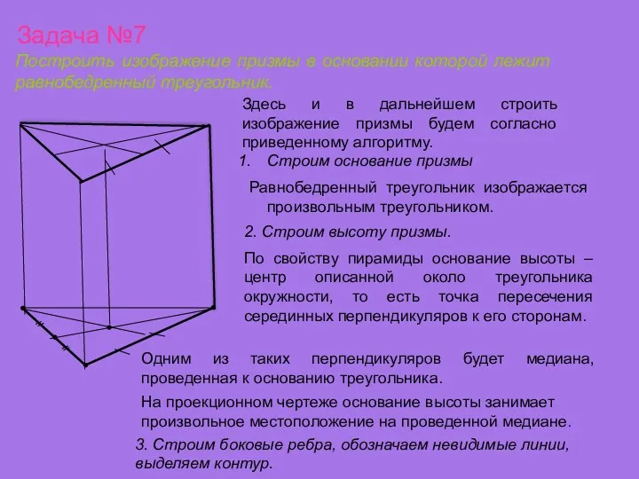 Построить изображение призмы в основании которой лежит равнобедренный треугольник. Задача