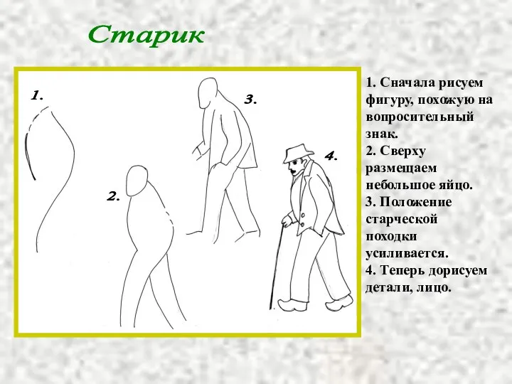 Старик 1. Сначала рисуем фигуру, похожую на вопросительный знак. 2.