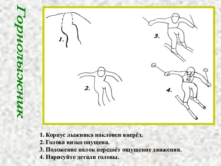 1. Корпус лыжника наклонен вперёд. 2. Голова низко опущена. 3.