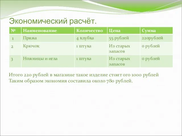 Экономический расчёт. Итого 220 рублей в магазине такое изделие стоит