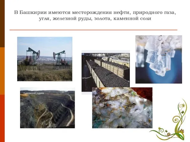 В Башкирии имеются месторождения нефти, природного газа, угля, железной руды, золота, каменной соли