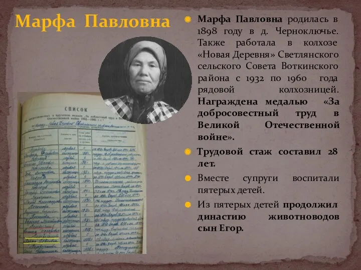 Марфа Павловна родилась в 1898 году в д. Черноключье. Также