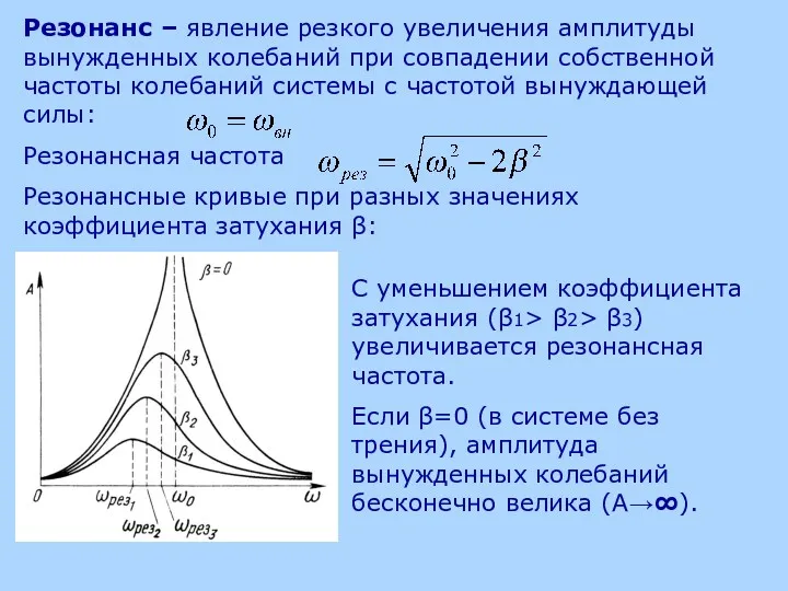 Резонанс – явление резкого увеличения амплитуды вынужденных колебаний при совпадении