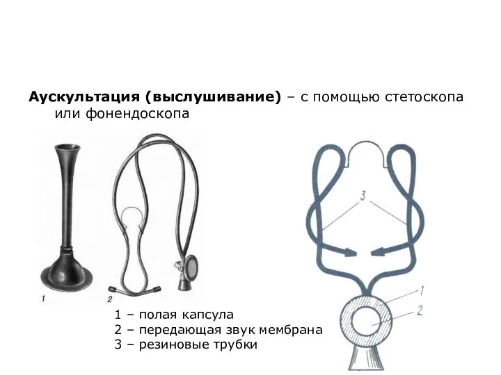 Аускультация (выслушивание) – с помощью стетоскопа или фонендоскопа 1 –