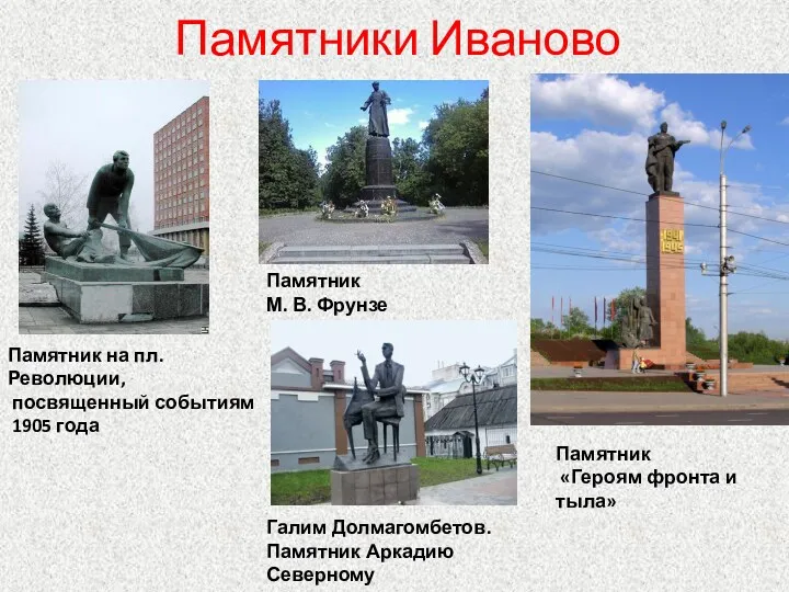 Памятники Иваново Памятник на пл. Революции, посвященный событиям 1905 года Памятник М. В.