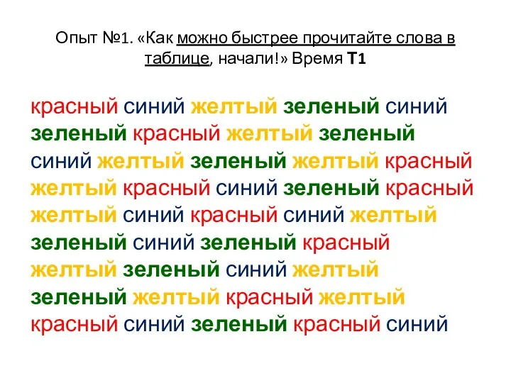 Опыт №1. «Как можно быстрее прочитайте слова в таблице, начали!» Время Т1 красный