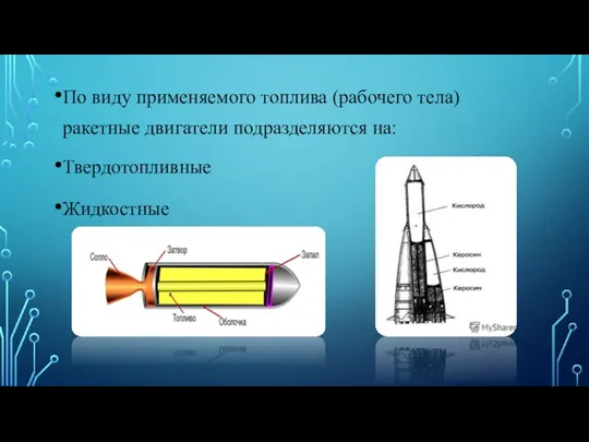 По виду применяемого топлива (рабочего тела) ракетные двигатели подразделяются на: Твердотопливные Жидкостные