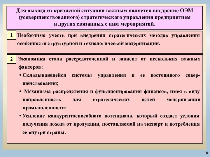 18 Для выхода из кризисной ситуации важным является внедрение ОЭМ