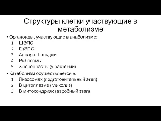 Структуры клетки участвующие в метаболизме Органоиды, участвующие в анаболизме: ШЭПС