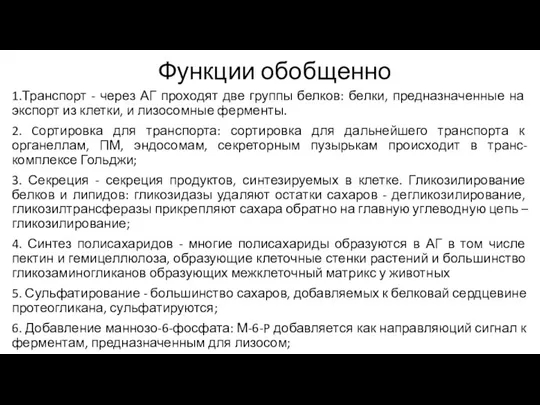 Функции обобщенно 1.Транспорт - через АГ проходят две группы белков: