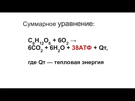 Суммарное уравнение: С6Н12О6 + 6О2 → 6СО2 + 6Н2О +