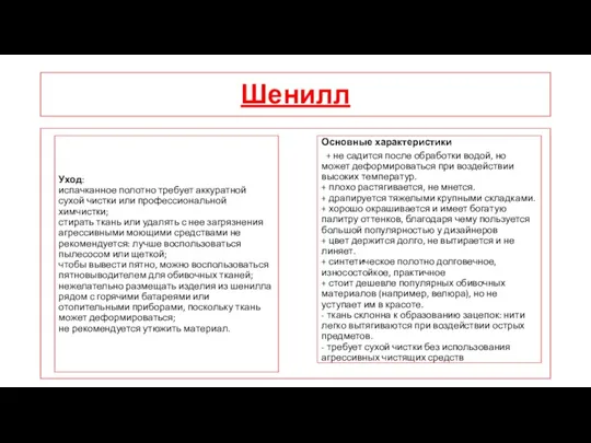 Шенилл Основные характеристики + не садится после обработки водой, но