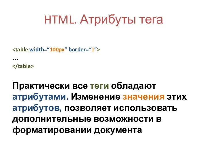 HTML. Атрибуты тега … Практически все теги обладают атрибутами. Изменение