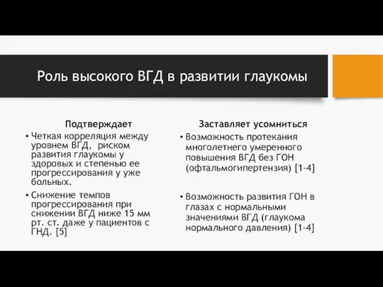 Роль высокого ВГД в развитии глаукомы Подтверждает Четкая корреляция между