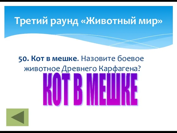 50. Кот в мешке. Назовите боевое животное Древнего Карфагена? Третий раунд «Животный мир» КОТ В МЕШКЕ