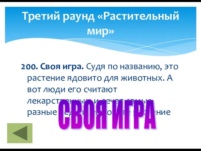 200. Своя игра. Судя по названию, это растение ядовито для животных. А вот