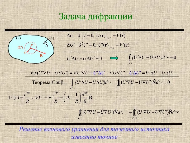 Задача дифракции Решение волнового уравнения для точечного источника известно точное