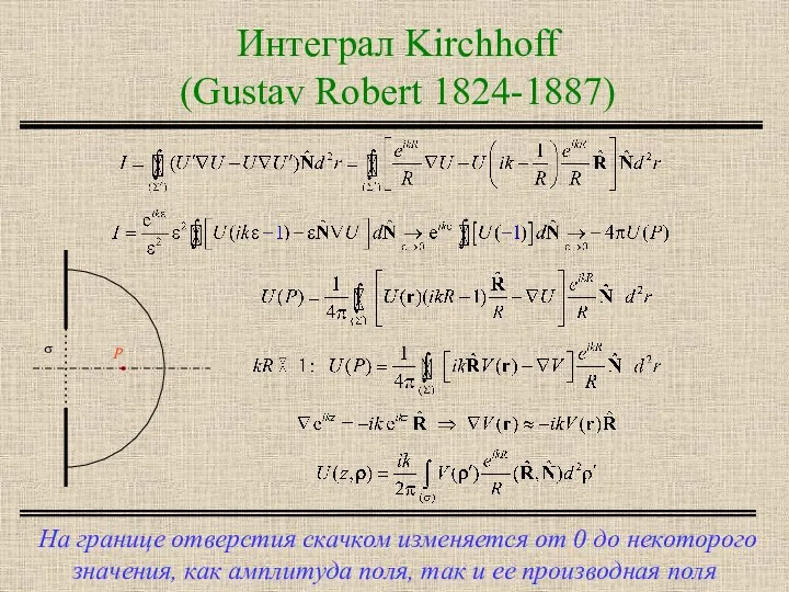 Интеграл Kirchhoff (Gustav Robert 1824-1887) На границе отверстия скачком изменяется от 0 до