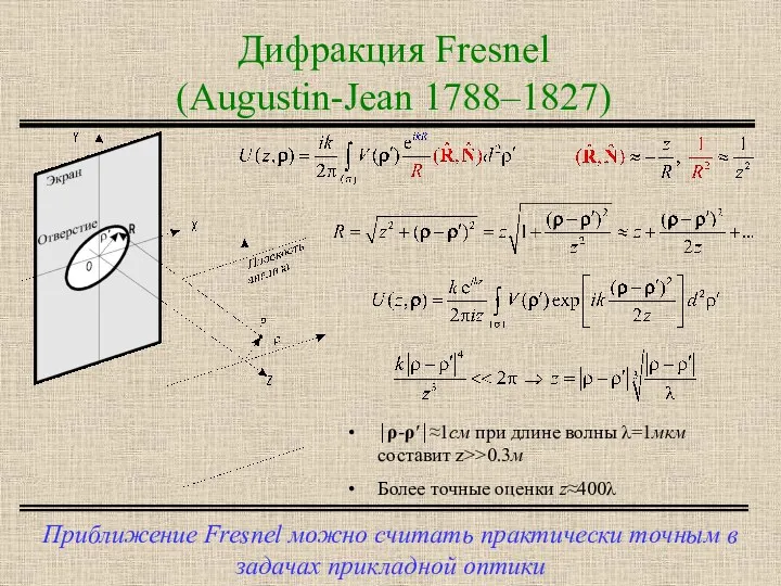 Дифракция Fresnel (Augustin-Jean 1788–1827) Приближение Fresnel можно считать практически точным в задачах прикладной