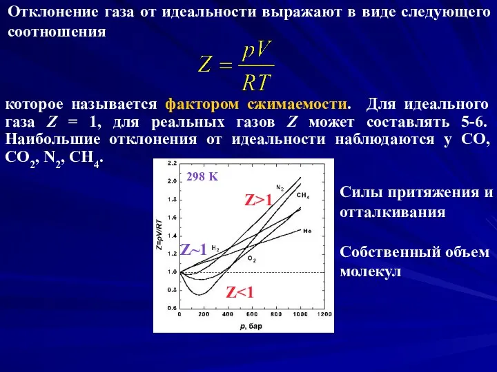 которое называется фактором сжимаемости. Для идеального газа Z = 1,