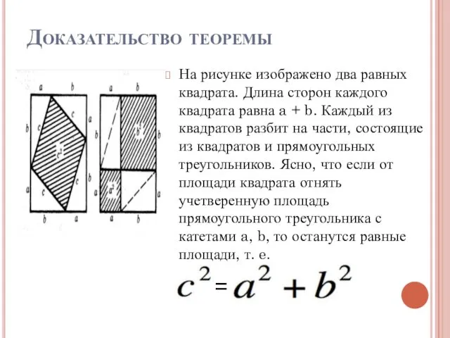 Доказательство теоремы На рисунке изображено два равных квадрата. Длина сторон